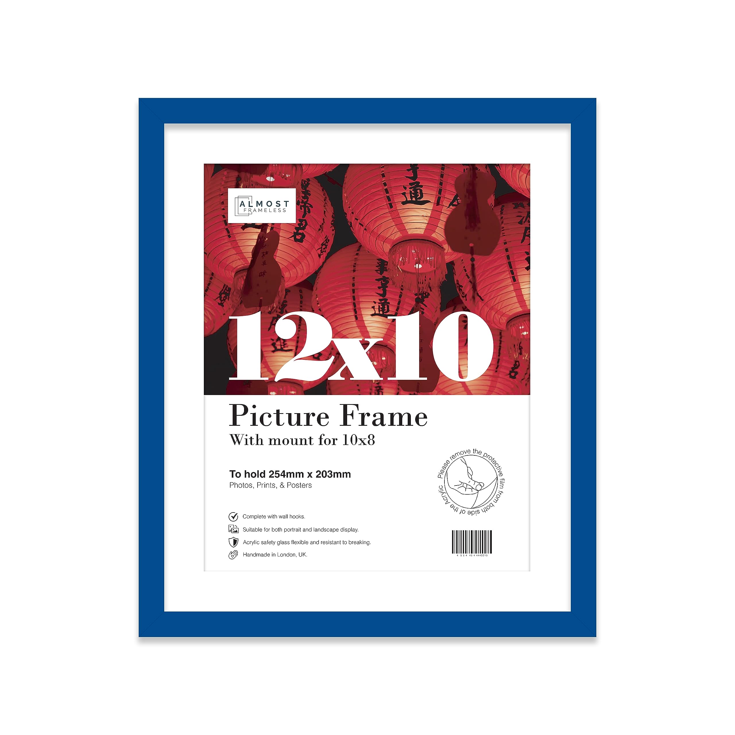 Almost Frameless 12x10 Blue Picture Frame With Mount for 10x8 Print, Poster or Photo Poster, Photo, Artwork, or Print. Thin Edge Slim Frame Portrait and Landscape Display with Wall Hooks