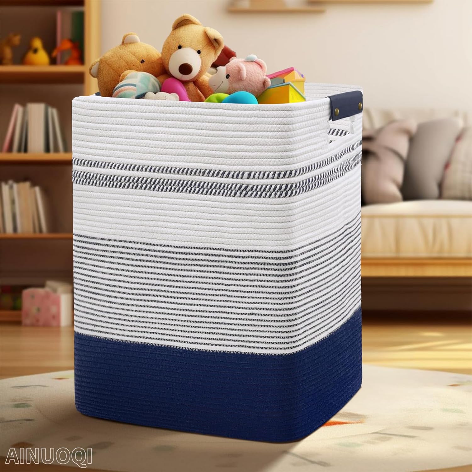 Large Laundry Basket - Tall Woven Rope Laundry Hamper with Leather Handles - Dirty Clothes hamper for Living room, Bedroom, 17.8" X 13.8" X 22", Dark Blue & White - Image 3