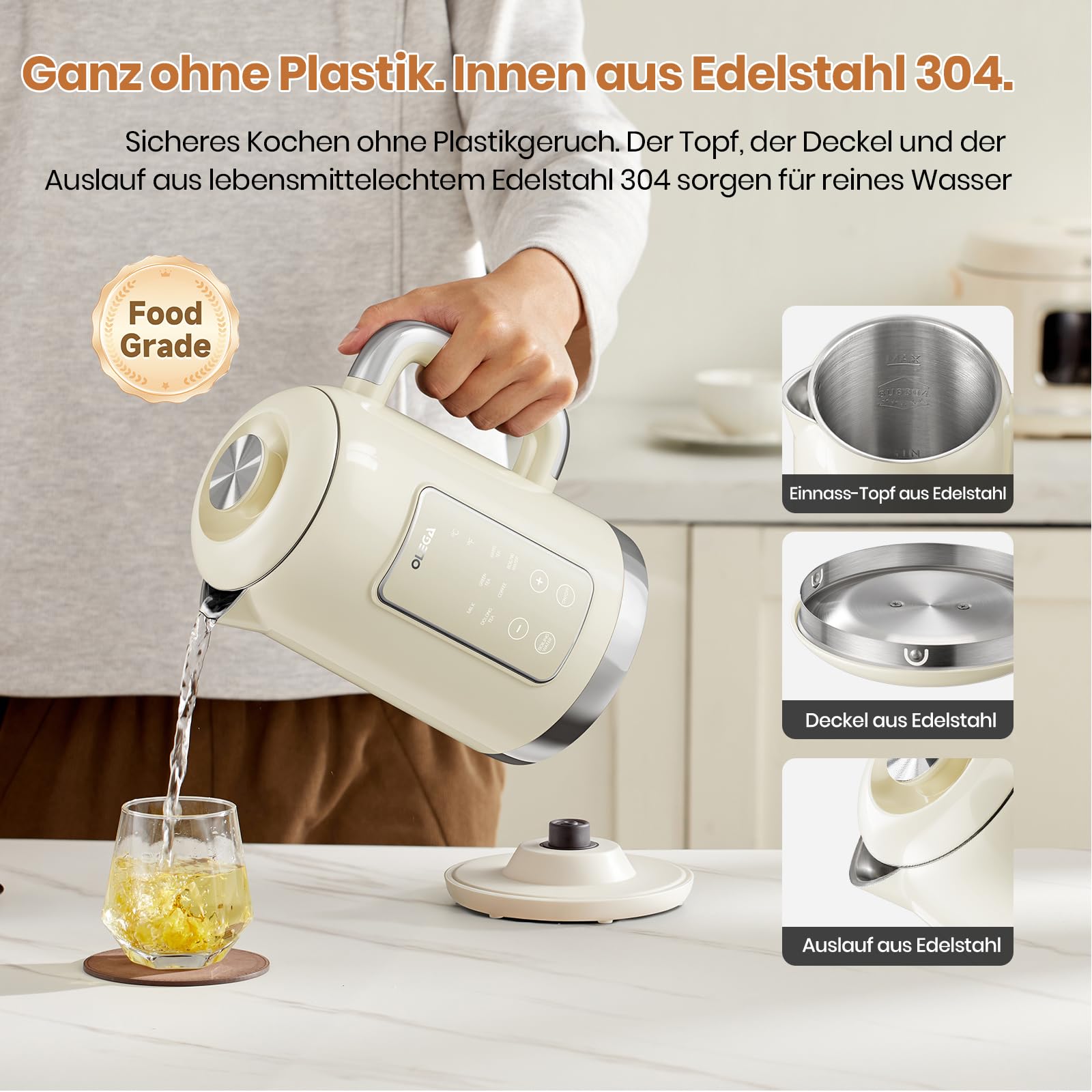 OLEGA Wasserkocher: 1800 W Wasserkocher mit Temperaturregelung, 1,5 l Fassungsvermögen, Edelstahl, Smart Kettle, ideal für Kaffee und Tee, Beige