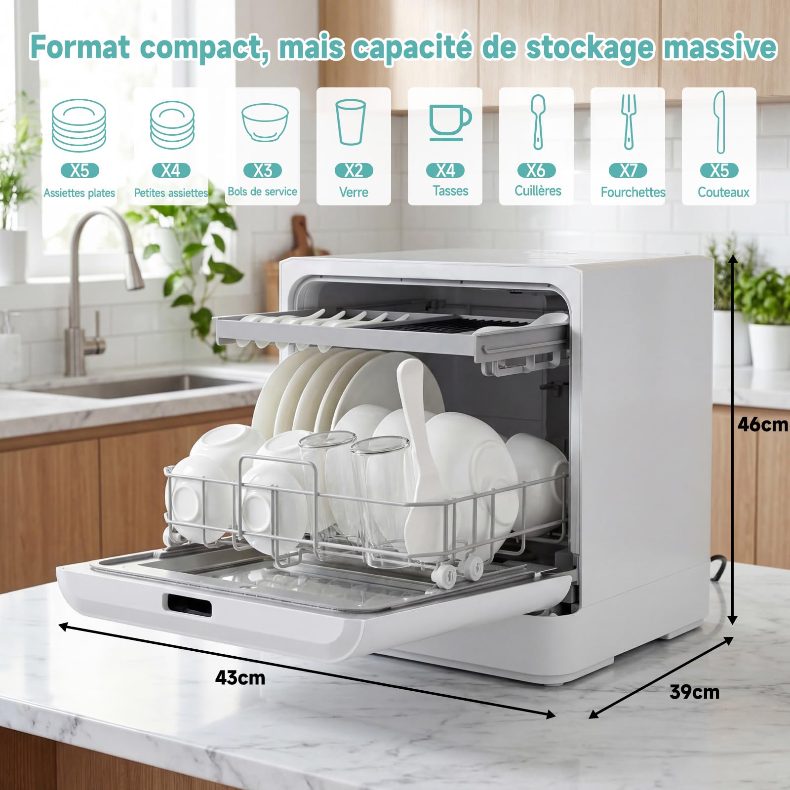 Mini lave-vaisselle 6 programmes 8 couverts 5 litres eau cuisine appartement