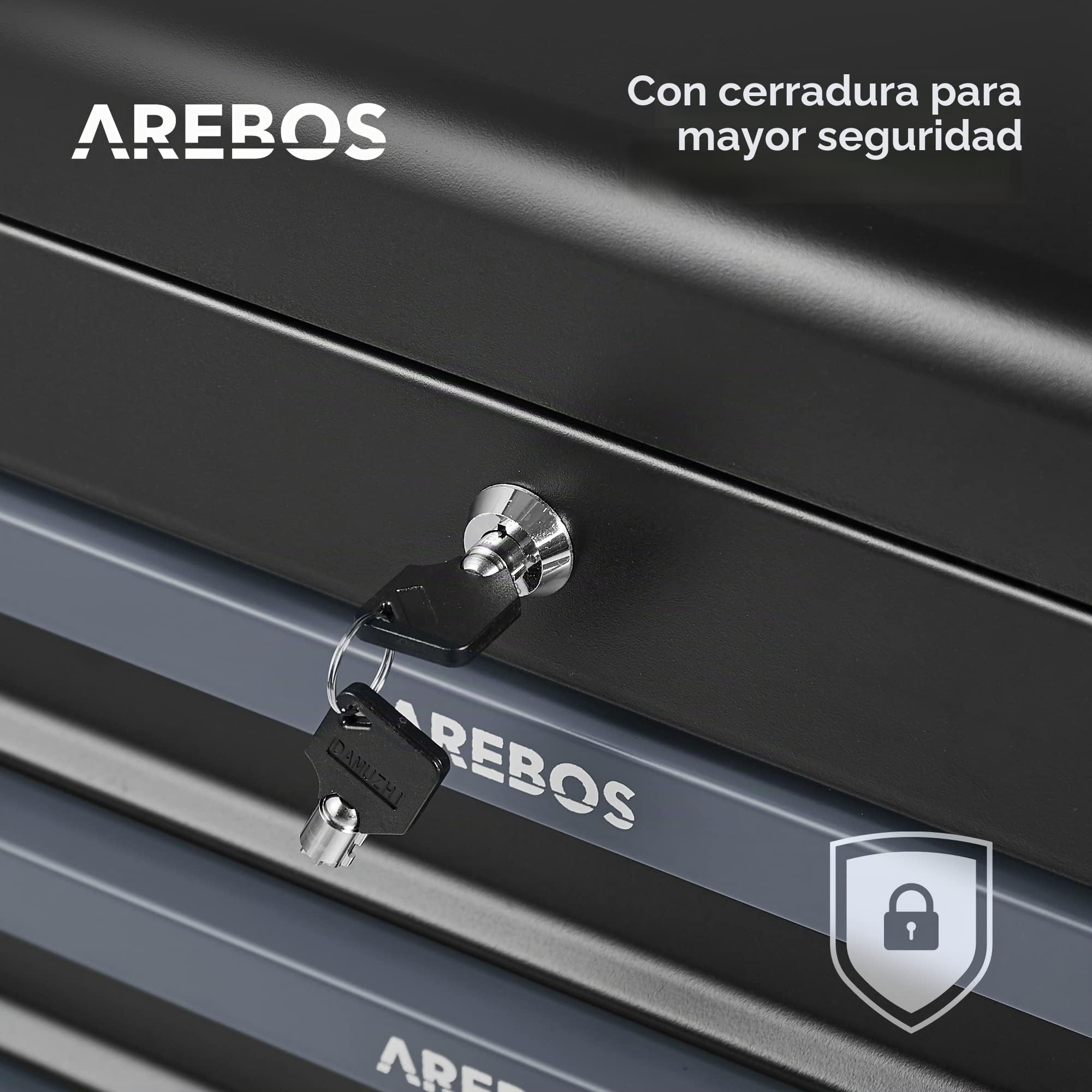 Arebos Caja de Herramientas Incl. Juego de Herramientas de 172 Piezas de Cromo vanadio | para el hogar, Garaje y Taller | Caja de Herramientas Equipada con 3 cajones | con Cerradura