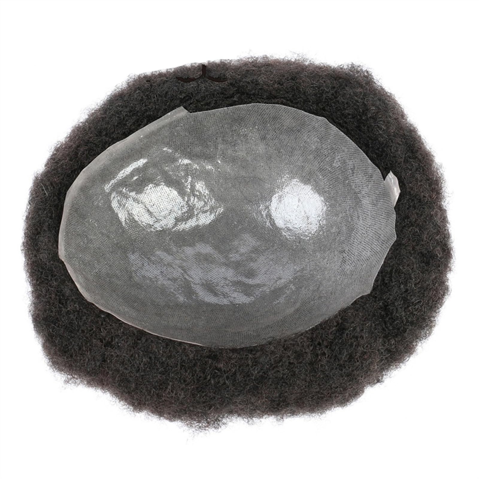 Tupet dla mężczyzn afro dla mężczyzn, pełna cienka skóra, na bazie poliuretanu, treska, peruki z prawdziwych włosów, 20 x 25,4 cm, męskie włosy, 6 mm, splątane kręcone włosy, zamiennik przedłużenia