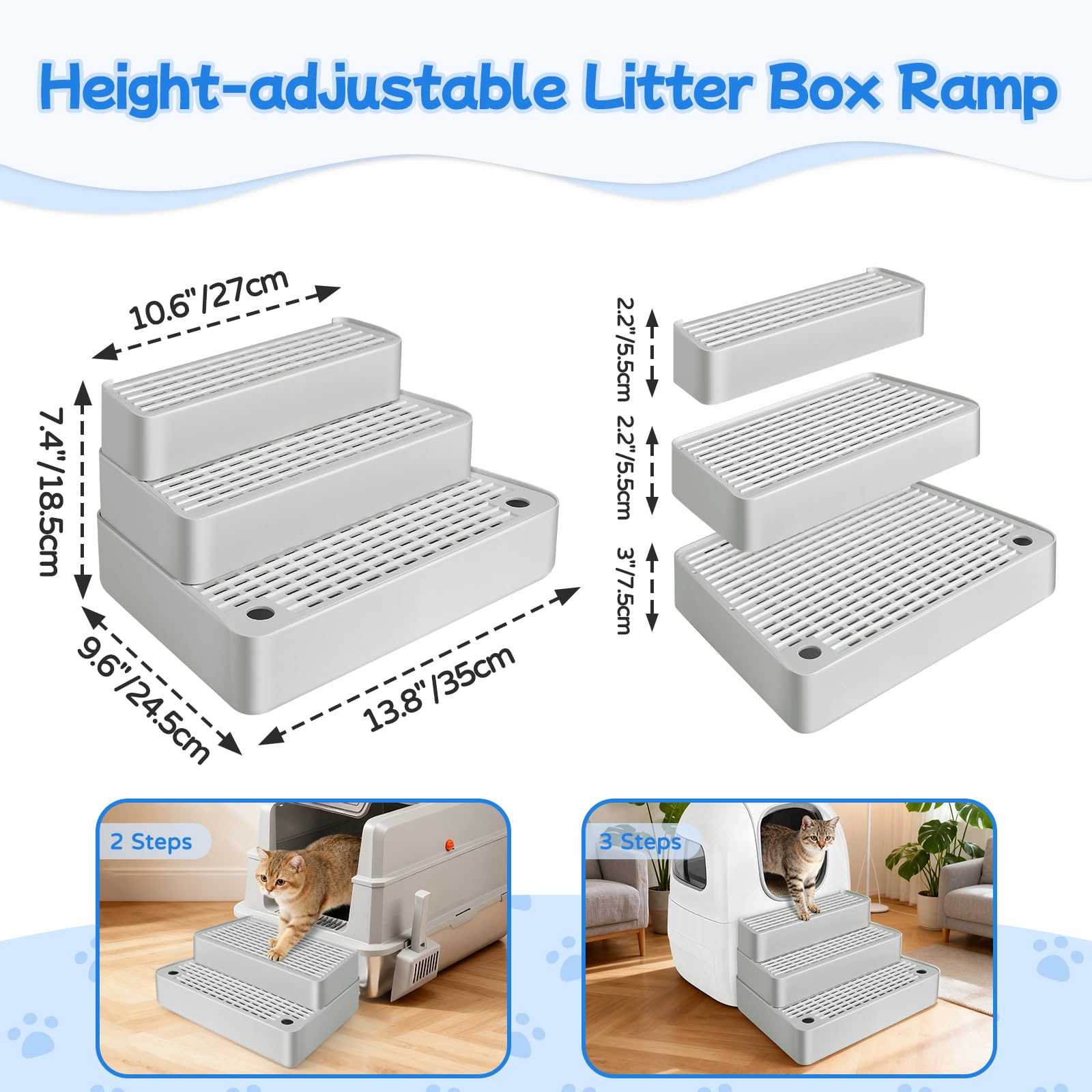 Rampe de litière Extra Large à 3 marches réglable avec Fonction de Filtre, Facile à Nettoyer, pour Chats âgés et Chatons (Gris Clair)