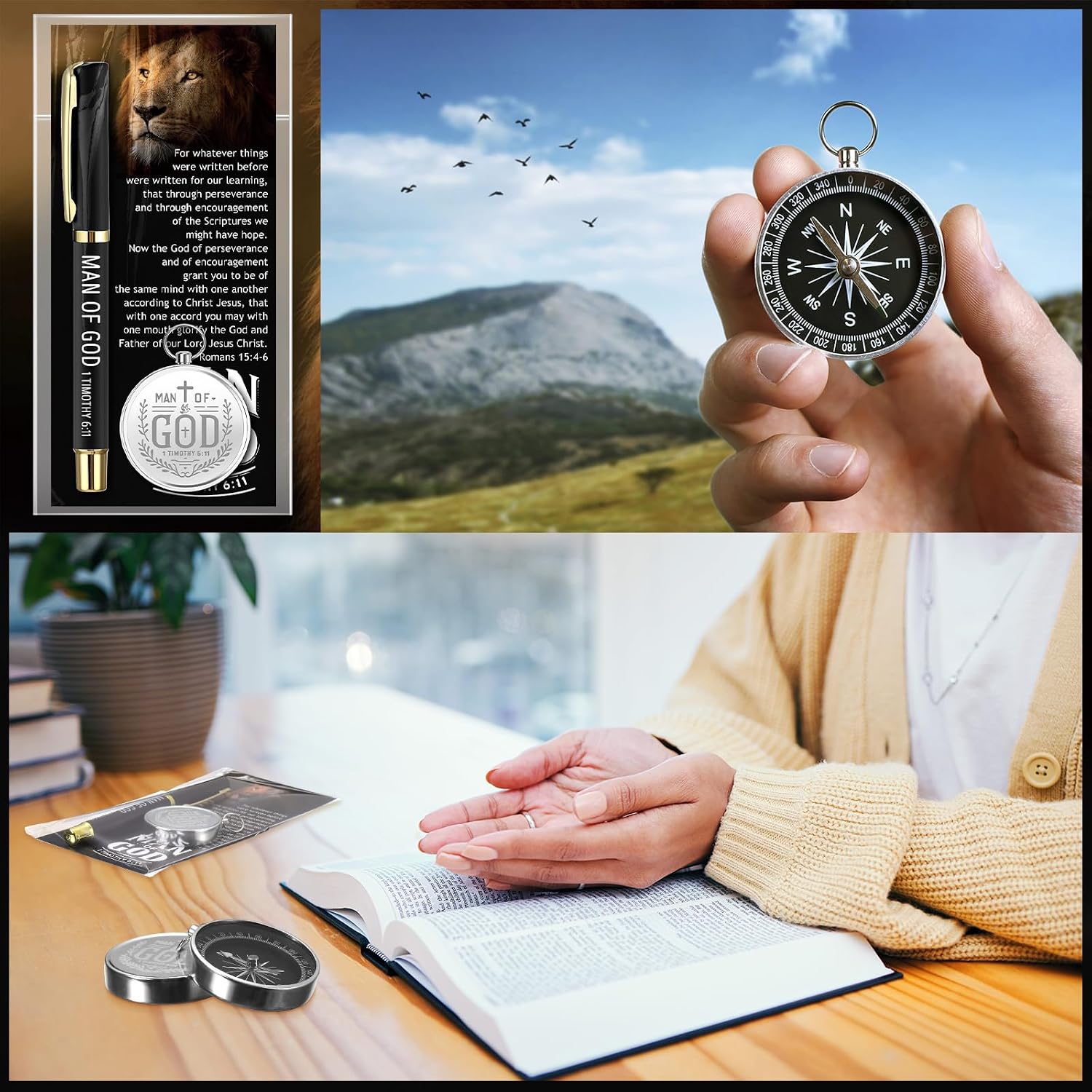 Sayglossy 40 Sets Christian Fathers Day Church Gifts Bulk Include Mini Compass Man of God Ballpoint Pens Cards Bags, Father's Day Religious Gifts for Men Dad Godfather Church Pastors Clergy (Silver)