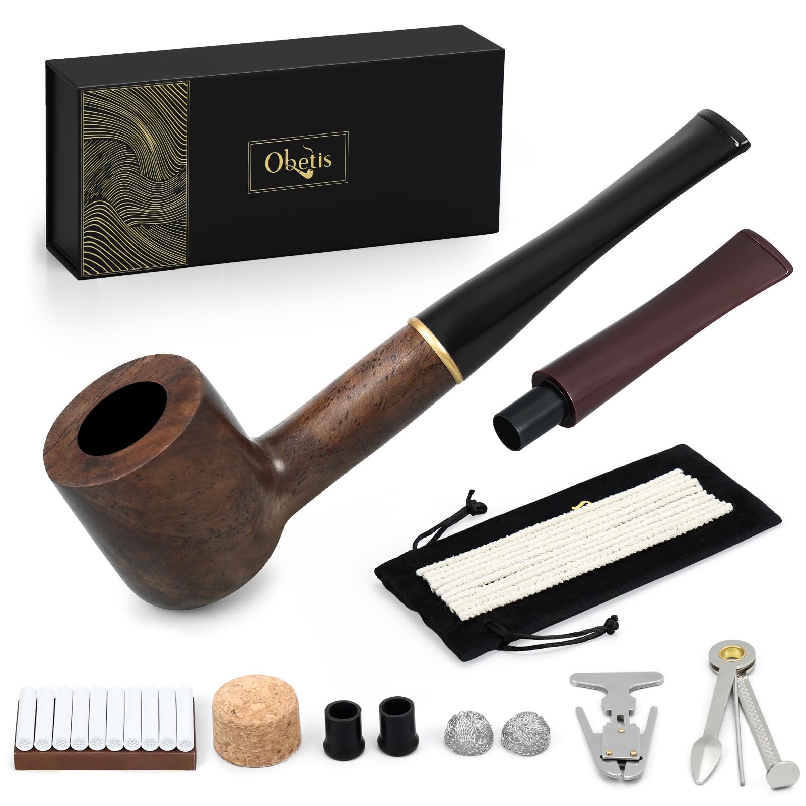 Obetis Handmade Ebony Tobacco Pipe - Classic Straight Stem Design, Flat-Bottom Wood Bowl, Complete Smoking Accessories Kit - Luxury Gift for Men, Collectible Pipe for Smoking Tobacco