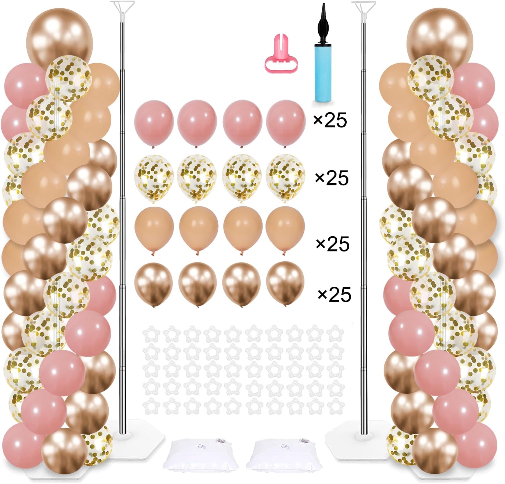 2 Sets Balloon Column Stand Kit with 100 Balloons 6 Ft Adjustable Balloon Stands Kit for Floor Blush Pink Confetti Balloon Arch Column for Girls Baby Shower Valentine Birthday Wedding Decors