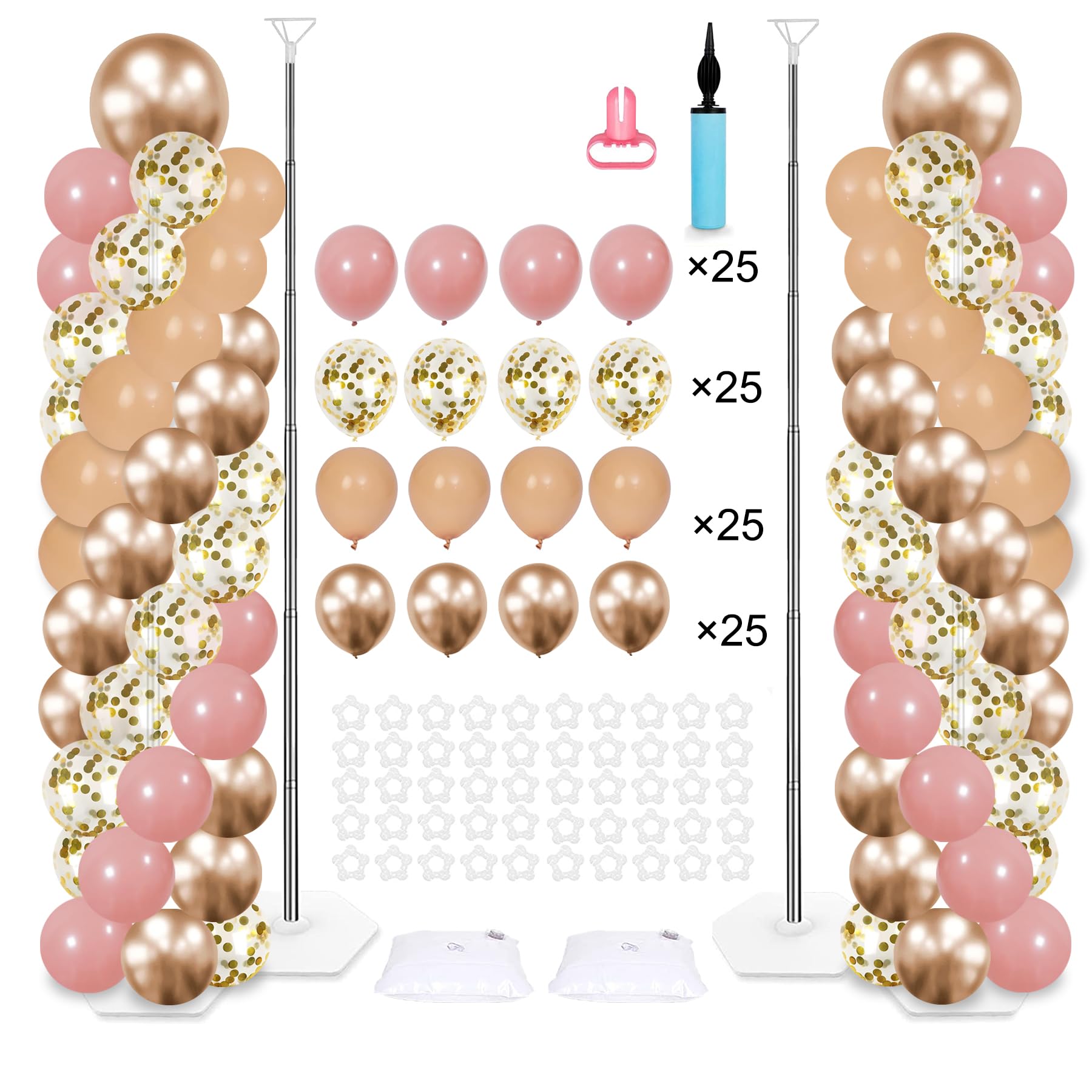 2 Sets Balloon Column Stand Kit with 100 Balloons 6 Ft Adjustable Balloon Stands Kit for Floor Blush Pink Confetti Balloon Arch Column for Girls Baby Shower Valentine Birthday Wedding Decors