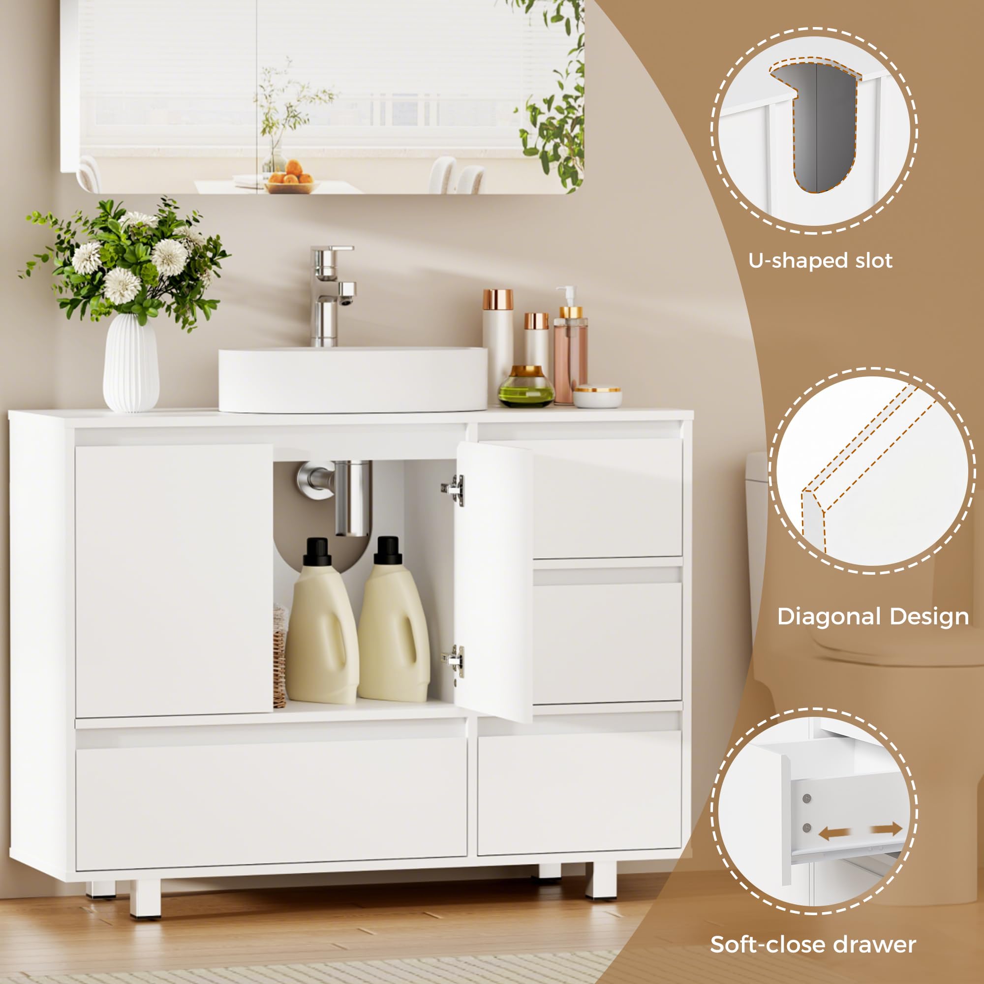ANWBROAD Mobile Sottolavabo per Bagno Bianco,Mobile Bagno Sottolavabo