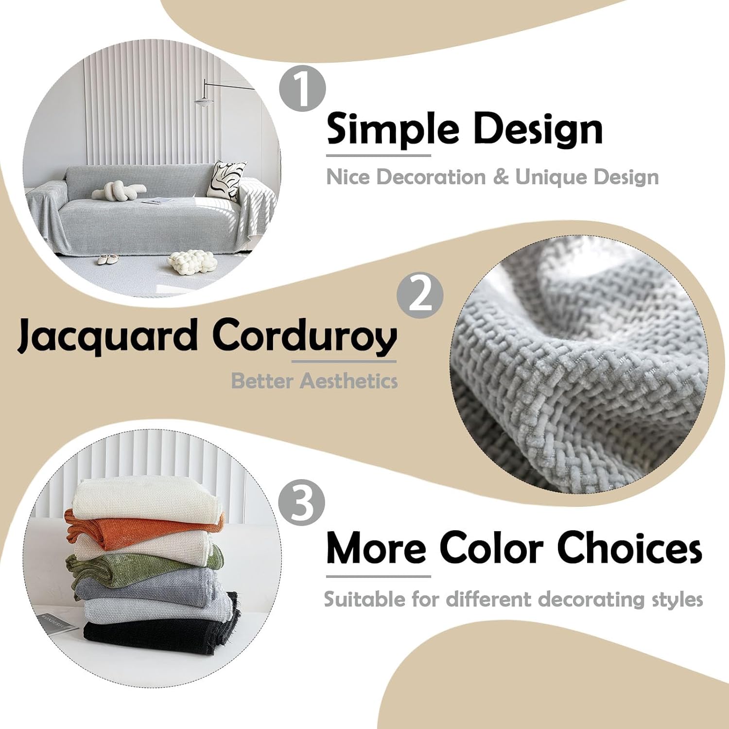 HANDONTIME Grey Modern Sofa Covers Corduroy Jacquard Couch Cover Blanket Gray Couch Cover for Kids Living Room Chenille Couch Covers for Sectional Sofa L Shape Soft Couch Covers for Sofa, 71" X134"