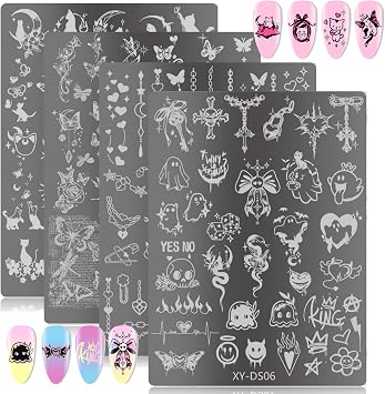 4Pcs Gothic Cute Nail Stamping Plate Set - Dark Kawaii Nail Art Templates, Stainless Steel Spooky Sweet Nail Stamp Plates with Skull & Lace Patterns for DIY Print Manicure Salon Design Gift Supplies