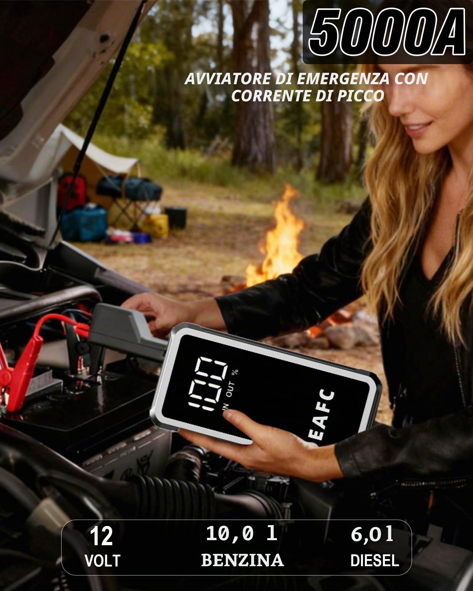 Avviatore di emergenza per auto, 5000 A, 12 V, batteria portatile (10 l gas/6 l diesel) con cavi di avviamento intelligenti, torcia LED e accessori completi, per auto, furgoni e moto, ecc