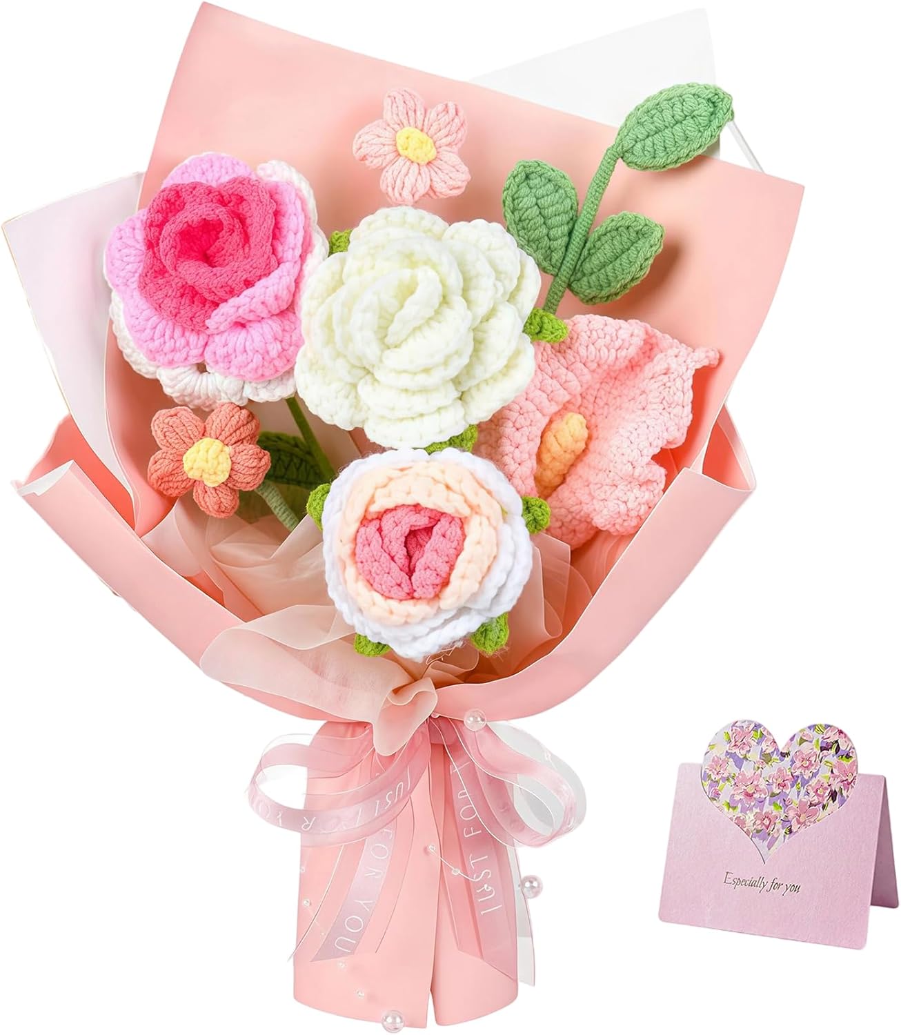 Crochet Flower Bouquet, Handmade Pink Rose, Calla Lily and Daisy, Knitted Flower Gift for Mom, Women, Girlfriend, Long Lasting Flowers for Mother's Day, Birthday, Anniversary