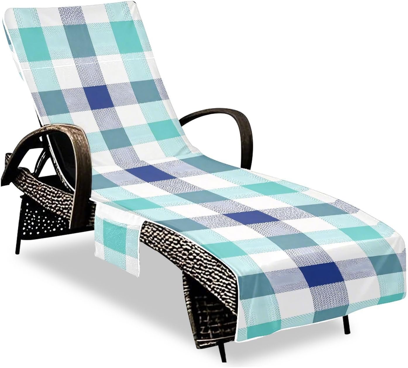 Checkered Patterns Lounge Chair Towel Cover with Side Pockets – 85x30in Foldable Chaise Cover for Beach, Pool, Patio, Spa