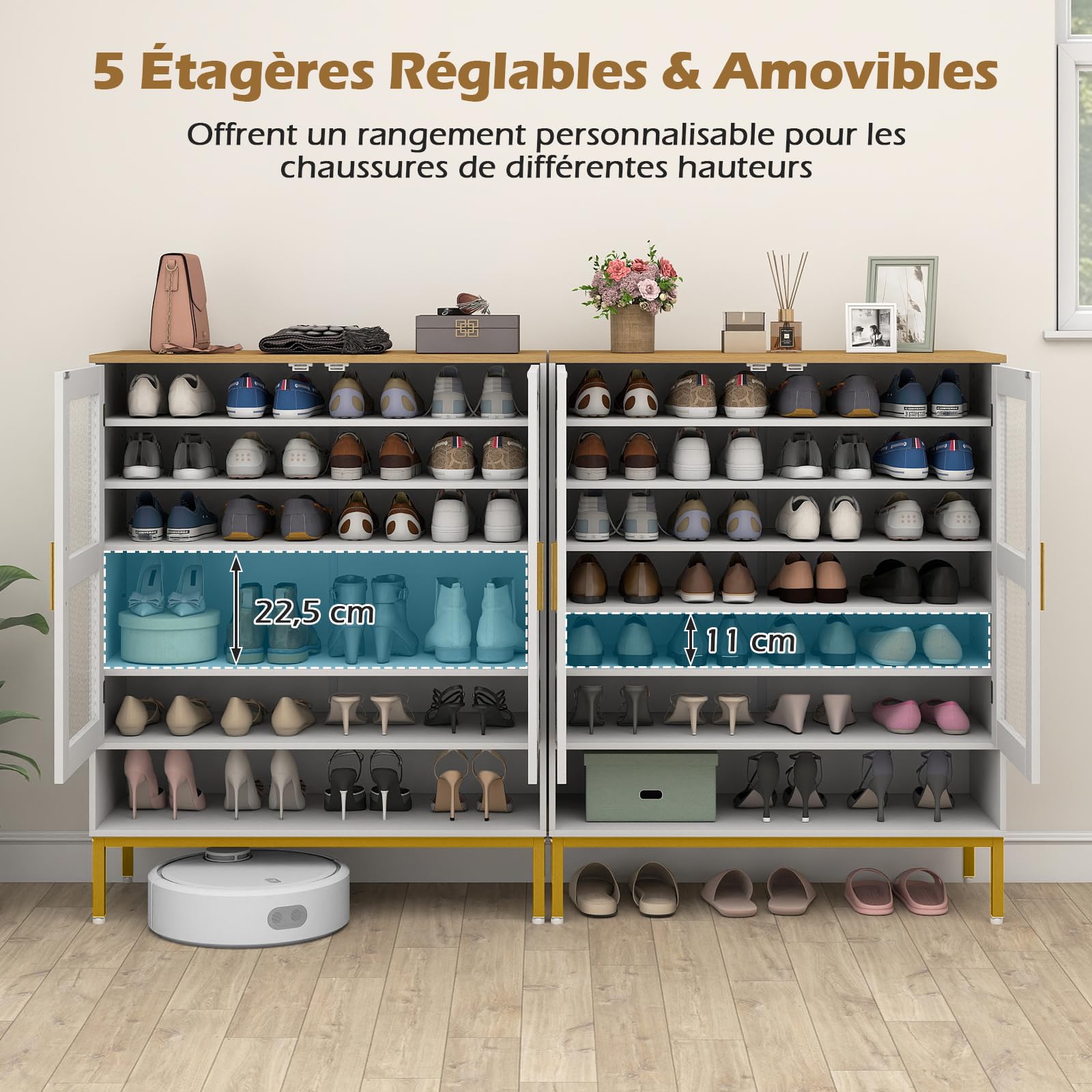 GOPLUS Meuble à Chaussures Entrée 28-30 Paires, Armoire à Chaussures Réglables 6 Niveaux avec Portes en Maille et Amovibles, Pieds en Métal,Entrée et Salon,80 x 37 x 106 cm (Blanc)