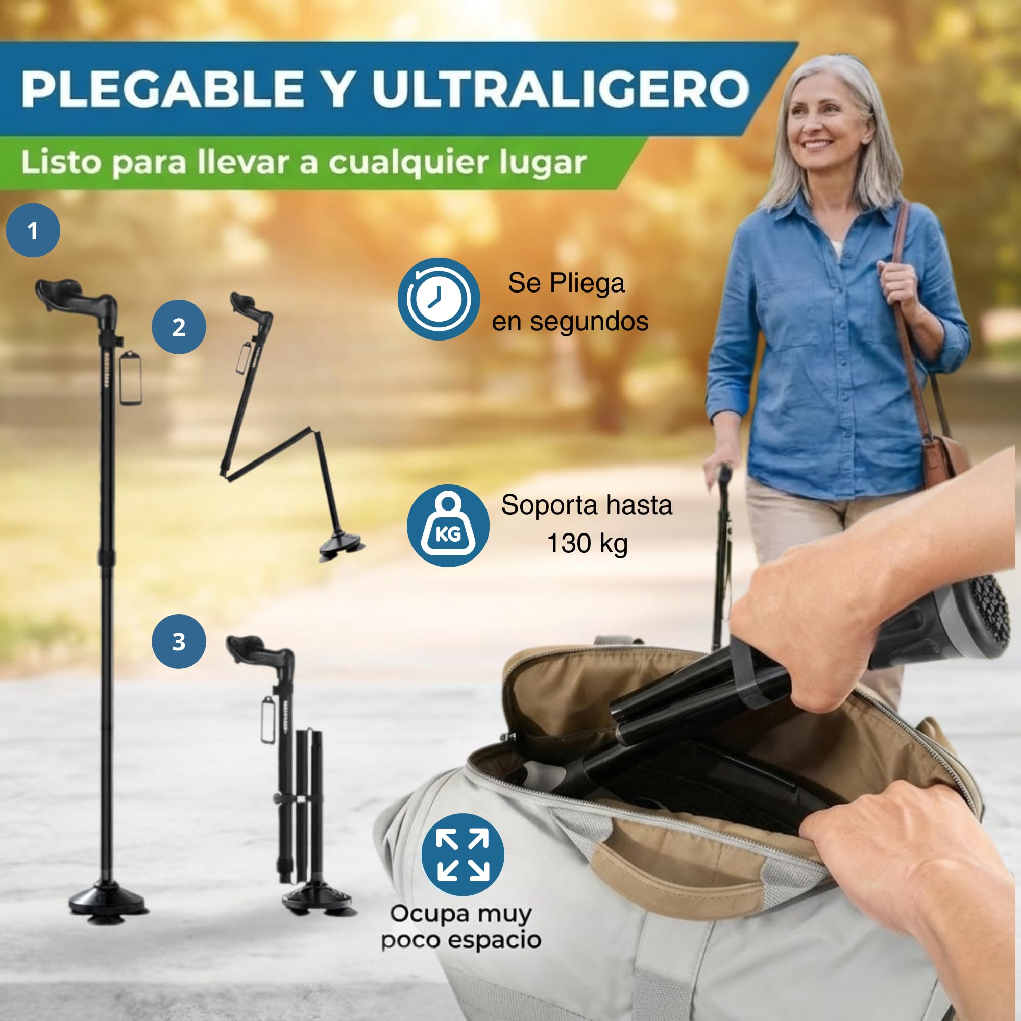 Bastón Plegable y Ajustable para Hombres y Mujeres – Ligero, con Mango Ergonómico y Bolsa de Viaje – Ideal para Personas Mayores y Adultos