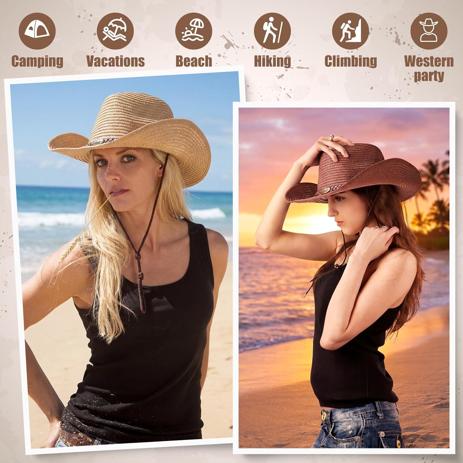 Cuffbow 16 Pack Cowboy Straw Hats Bulk for Women Men Wide Brim Western Cowgirl Sun Protection Hat for Concert Festival Party
