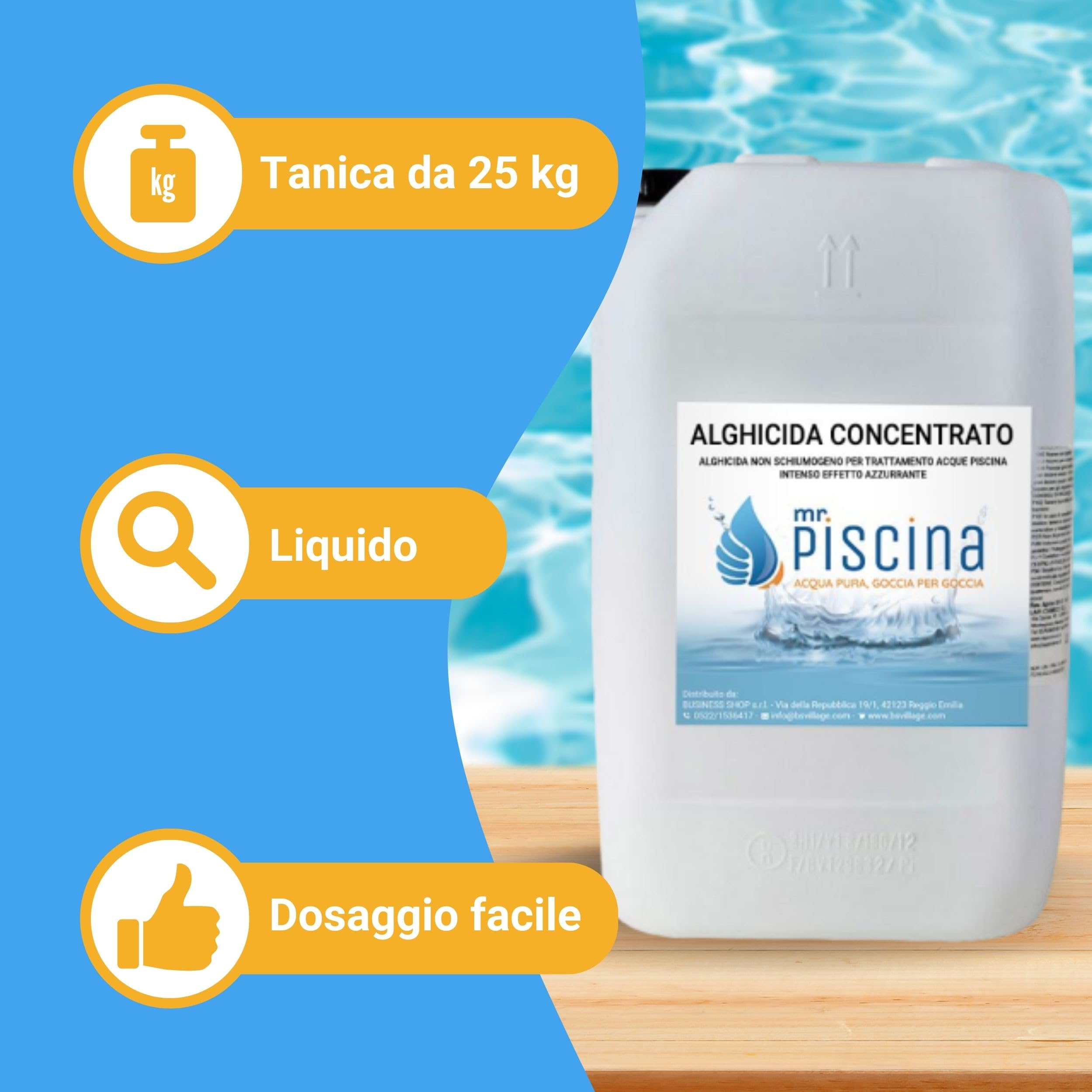Antialghe per Piscina ALGHICIDA CONCENTRATO - Anti Alghe Tripla Azione Non Schiumogeno, Azzurrante Piscina (25 kg)