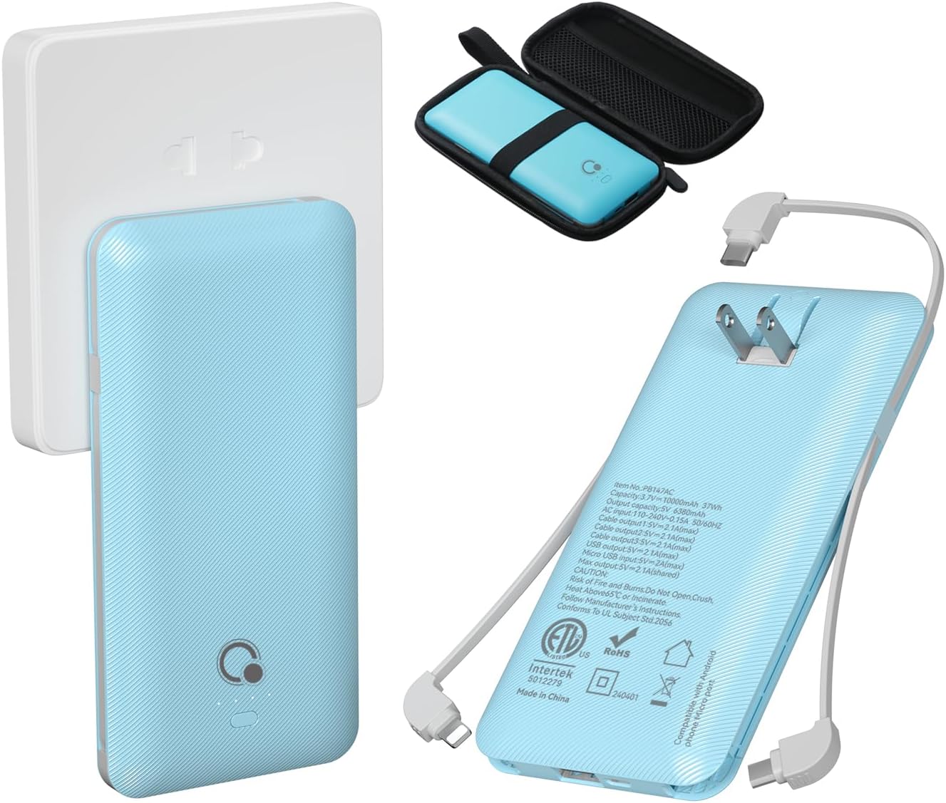 Q 10000mAh Power Bank, Slim Portable Charger,4 Output External Battery Pack with Built-in AC Wall Plug Micro USB C 3 Cables Compatible with iPhone Samsung Android Phone Tablet and More