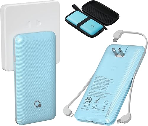 Q Banco de energía de 10000 mAh, cargador portátil delgado, batería externa de 4 salidas con enchufe de pared de CA integrado, micro USB C, 3 cables