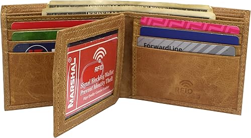 Miniatura 3 de MARSHAL Cartera de identificación con solapa central de piel auténtica con bloqueo RFID para hombre, Beige Bronceado, Bifold