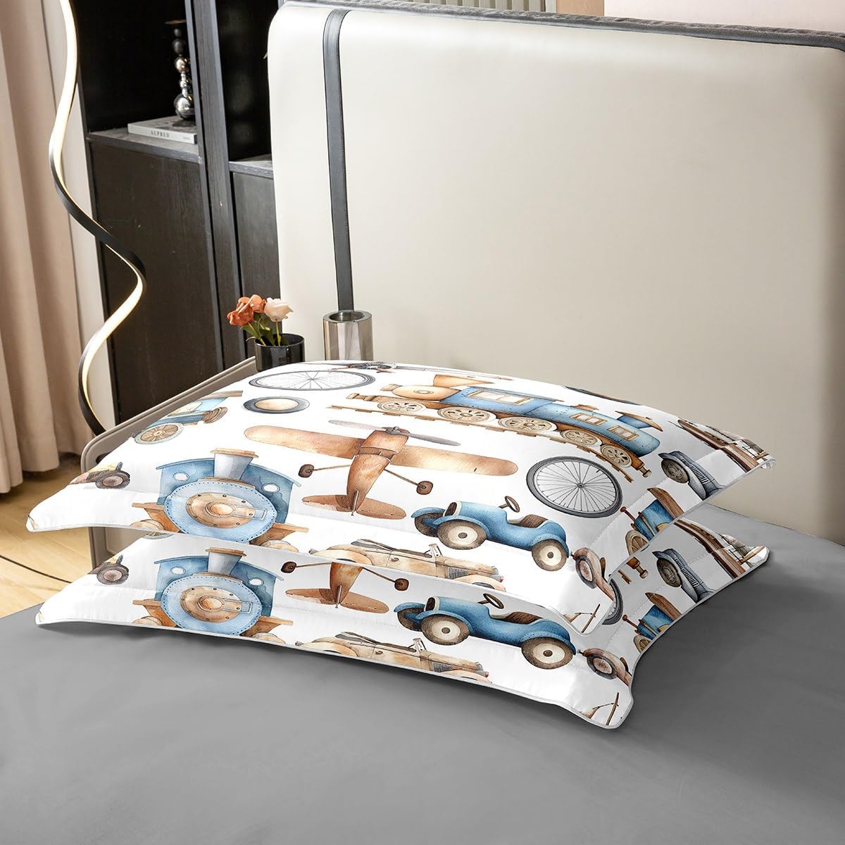 Watercolor Aircraft 100% Cotton Duvet Cover Full Size 3 Pcs Cute Cartoon Train Engine Decor Bedding Set for Kids Boys Girls Retro Cars Planes Vehicle Comforter Cover with 2 Pillowcases(No Comforter)