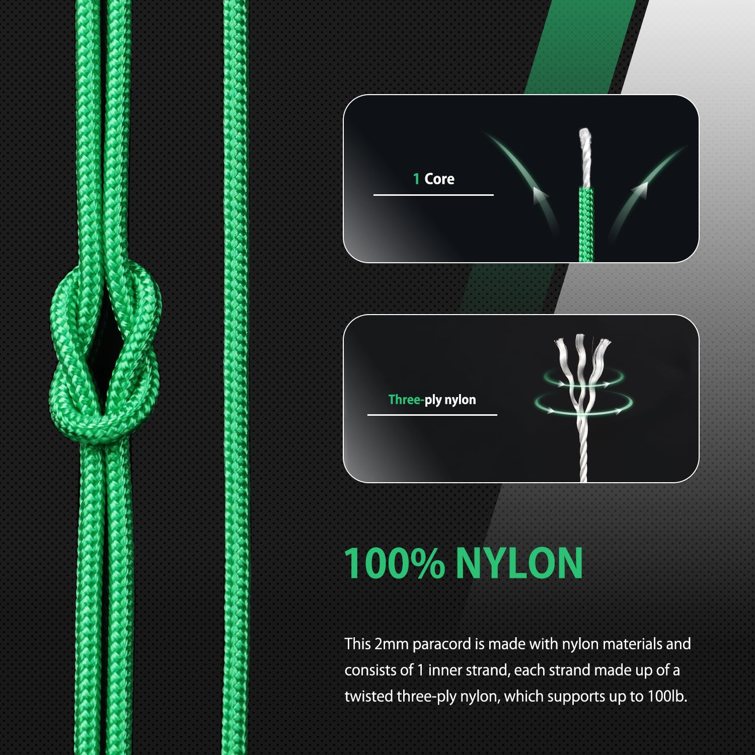 Abma Cord Paracord 100 lbs 2mm 100% Nylon 30M - Green, Solid-green, 30 Meters - Image 3