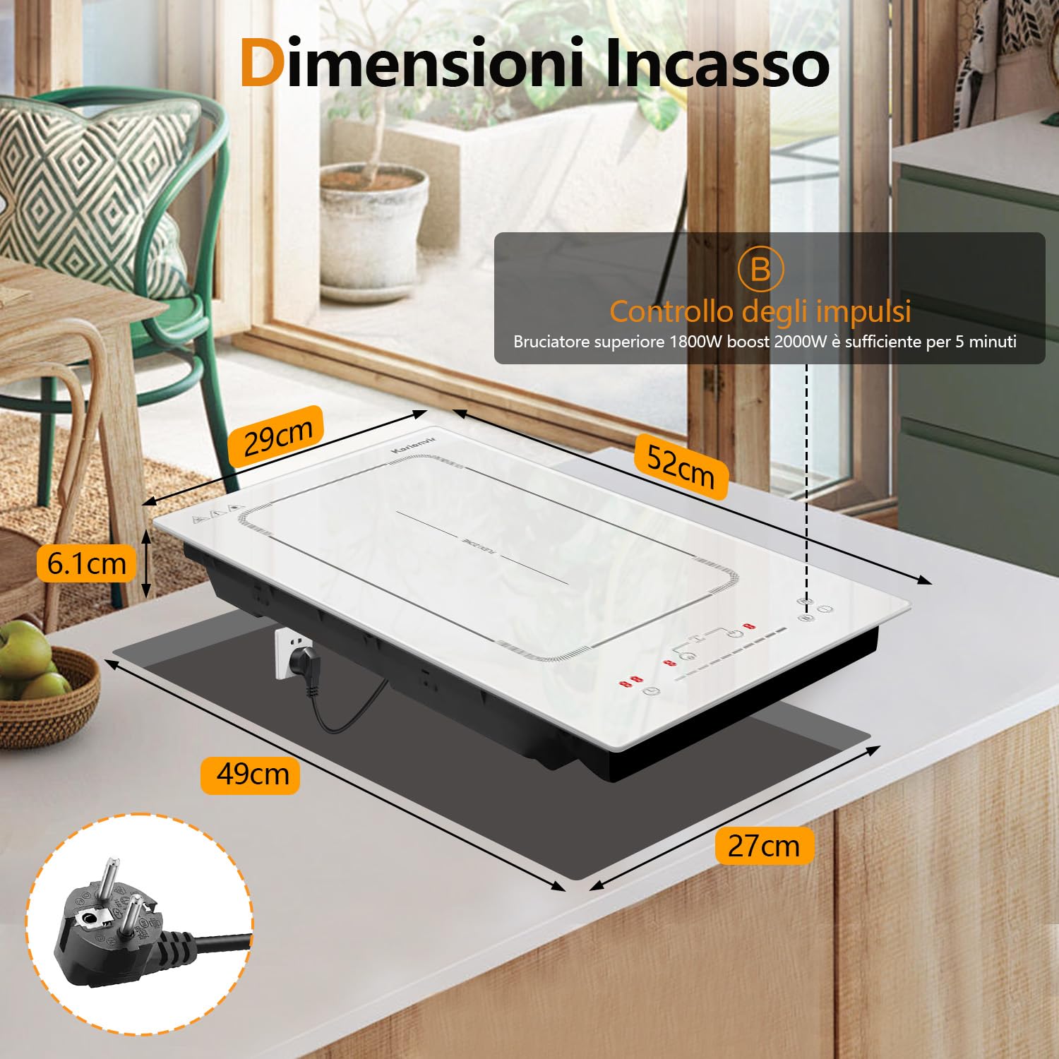 Karienvir Piano induzione 2 fuochi bianco con Spina, Piastra ad Induzione Incasso con Zona Flessibile, Comando a scorrimento, Blocco di sicurezza, Pausa, Timer di 99 minuti, 3500 W