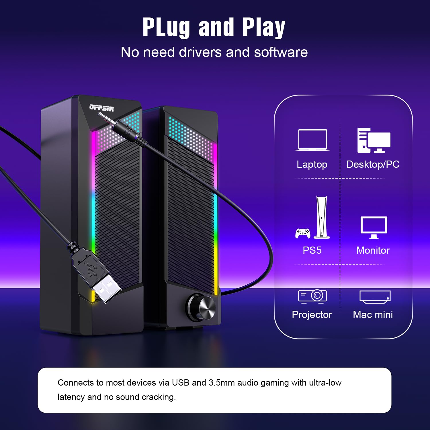 Altavoces de computadora, altavoz de PC 2 en 1, altavoces de juegos para PC, laptop, monitor de escritorio, altavoces RGB con iluminación sensible al tacto, alimentación USB de 0.138 in auxiliar 5