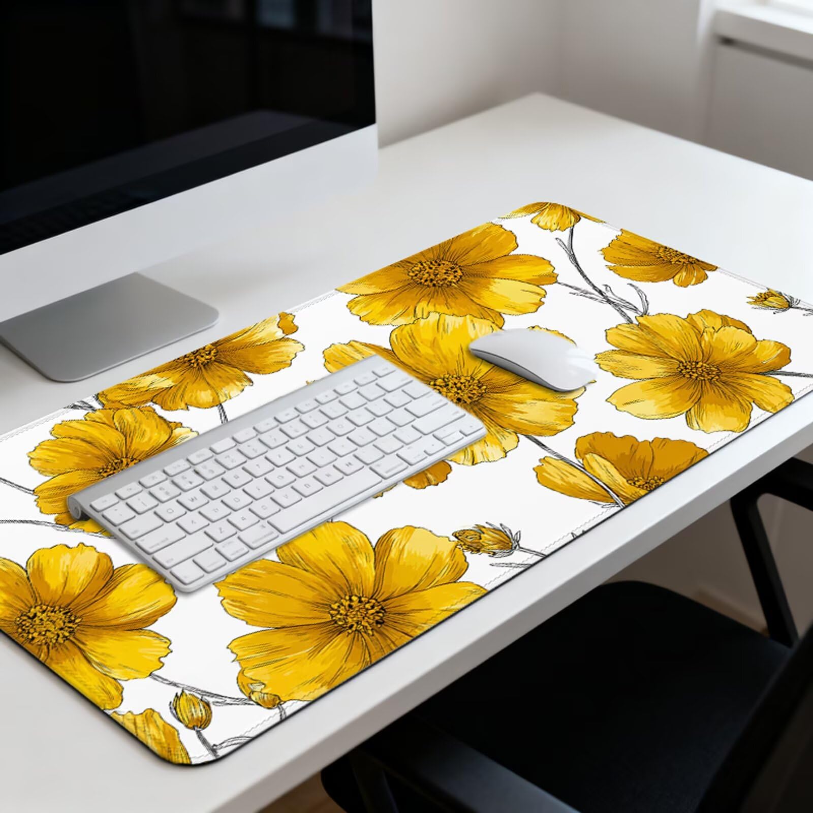 Żółta podkładka pod mysz XXL 1200 x 600 mm, duża antypoślizgowa podkładka pod mysz do gier, akcesoria biurowe, wodoodporna podkładka pod mysz z zamykaną krawędzią, do biura, domu i pokoju zabaw (kwiat