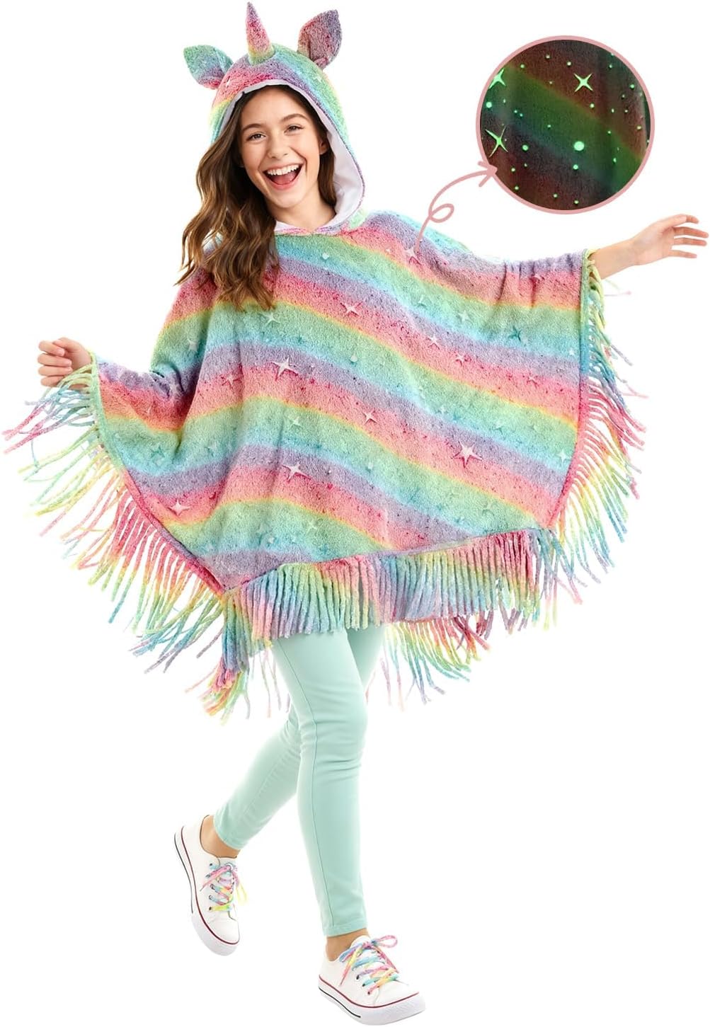 Unicorn Poncho for Women Christmas Costume Dress Up - Glow in the Dark Hooded Rainbow Cape with Fringe, One Size