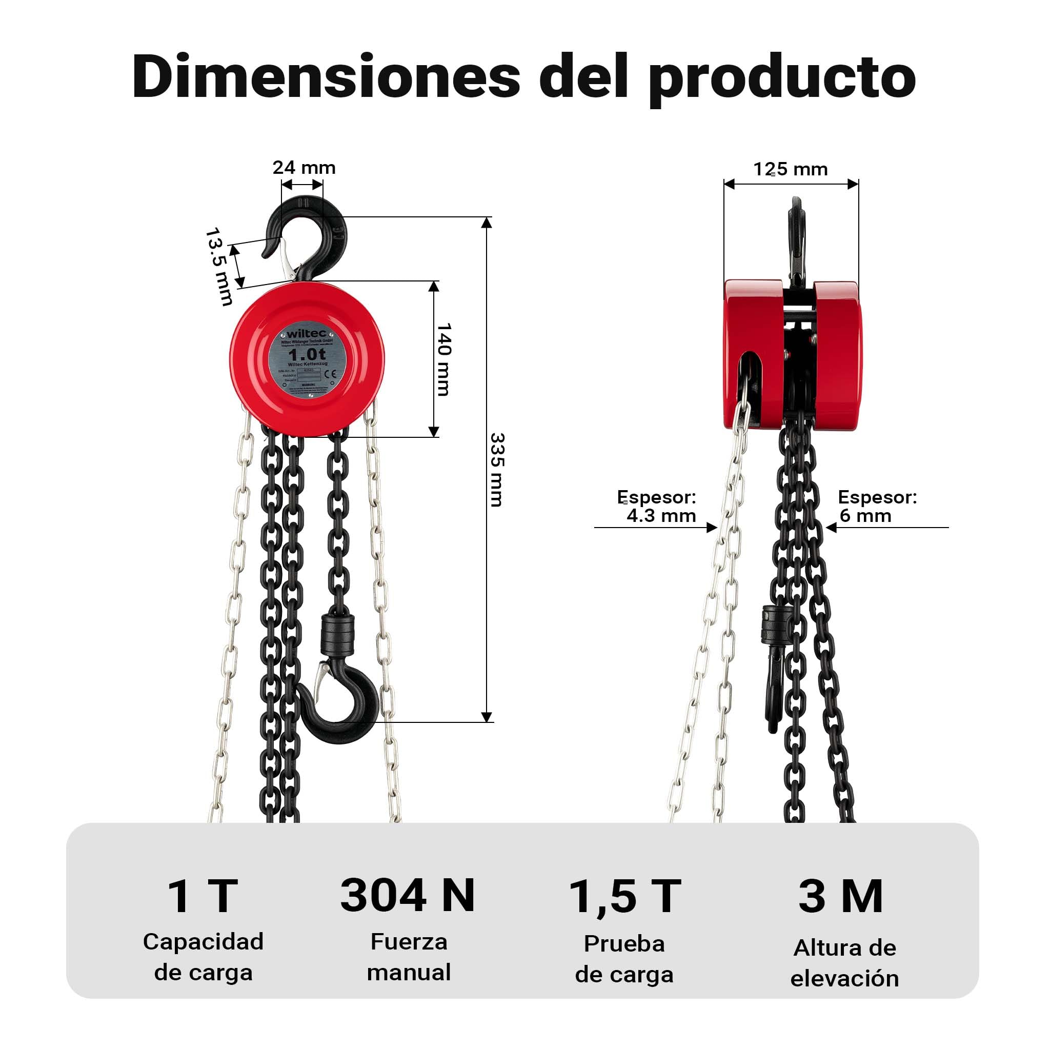 Polipasto manual de cadena 1000kg con cadena 3 m, elevación de cargas forestales, en talleres, etc.