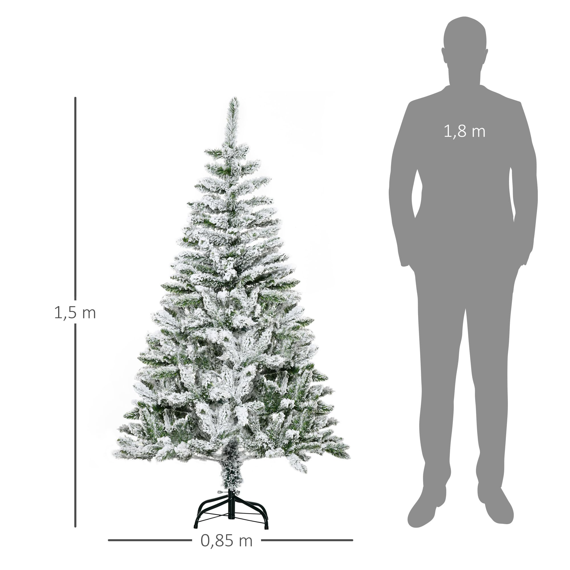 HOMCOM Árbol de Navidad Artificial 150 cm con Nieve Ignífugo con 358 Ramas Apertura Automática Base Plegable y Soporte Metálico Decoración Navideña para Interiores Verde
