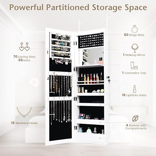 Miniatura 2 de COSTWAY Armario de joyería con espejo, armario organizador de joyas montado en la paredpuerta con 12 LED, espejo de longitud completa de 53.5