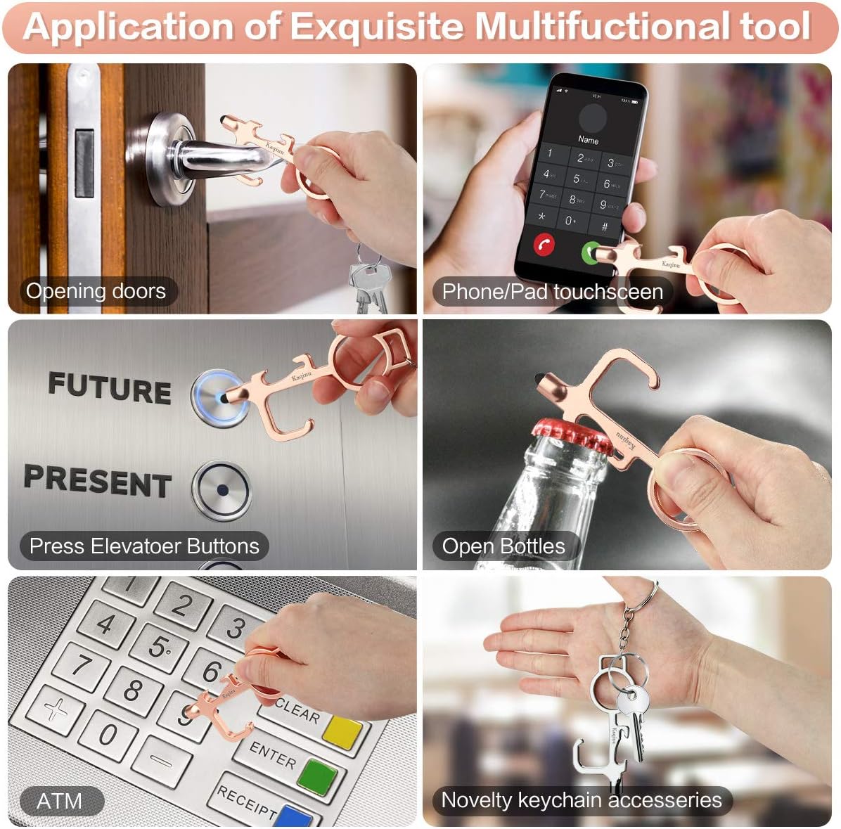 Kaqinu 5Pcs No Touch Tool with Stylus Tips,Portable Door Opener Tool, Touch Safety Key Tool, Multifunctional Touchless Hand Tool Keychain Sets for Home Improvement