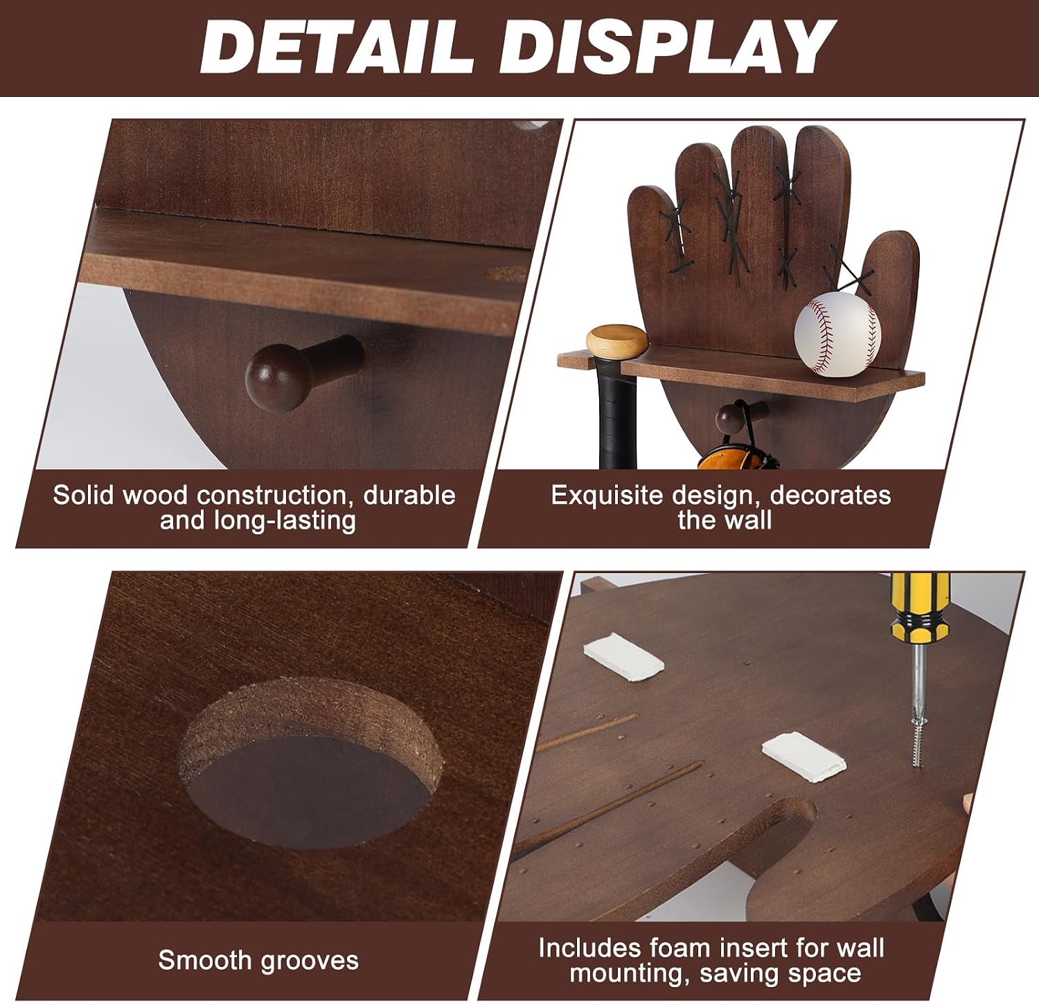 Baseball Bat and Ball Holder Wall Mounted Rack Wood Baseball Bat Holder and Ball Display Shelf Sports Memorabilia and Collectibles Floating Shelf Hanging Organizer Bat Rack Stand Softball for Display