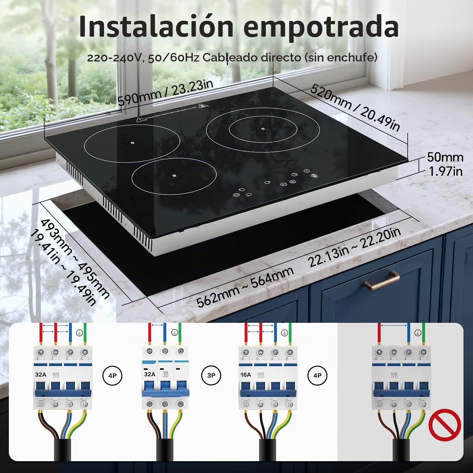 Placa Vitroceramica 3 fuegos 60cm, Control Táctil, 5400W con 9 ajustes de potencia, Temporizador 99 min, Vitrocerámica Eléctrica Negra, Para todas las ollas y sartenes