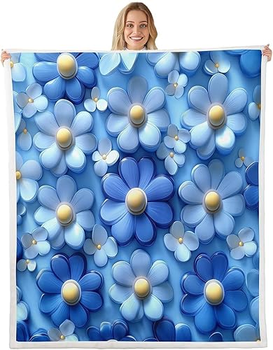 Miniatura 7 de Pink Floral Flannel Blanket,3D Vivid Flower Throw Blanket,Splicing Geometric Girds Fuzzy Blanket for Sofa Bed Living Room Decor,Girls Women Romantic