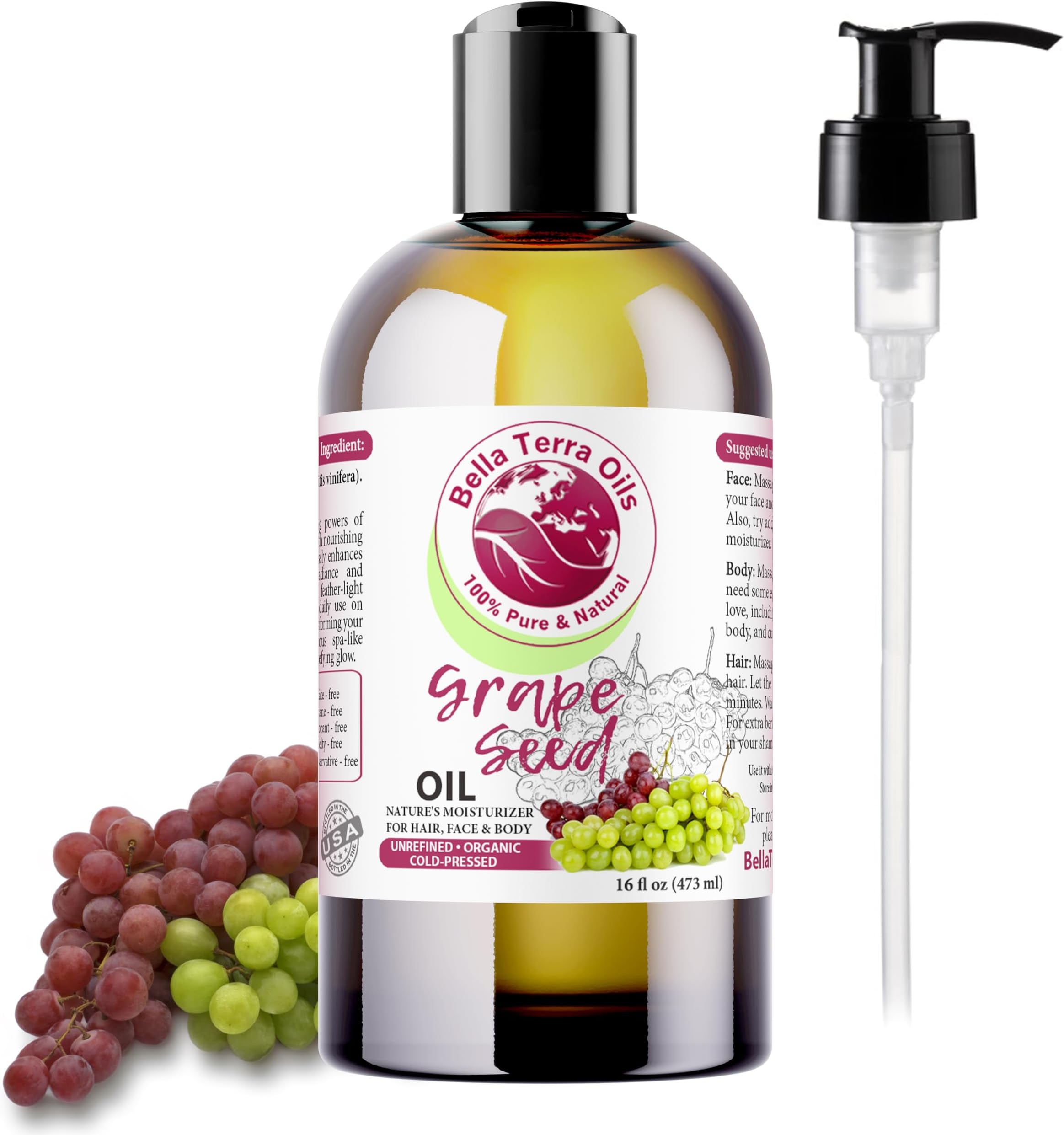 Bella Terra Oils - Organic Grape Seed Oil 16oz - Pure Organic Grape Extract, Enriched with Vitamin E & Resveratrol, Your Key to Luxurious Skin Care