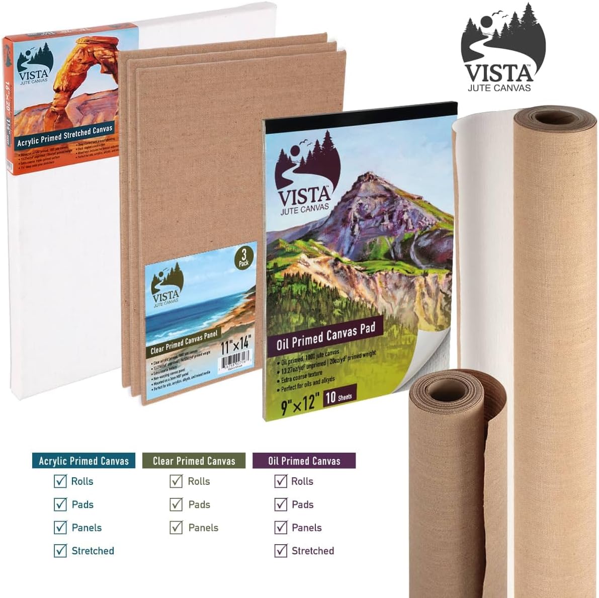 Vista Jute Double Clear-Primed Canvas Pad 9"x12" - 10 Sheets, 16.52oz. Primed Weight, Blank Canvas for Eco Friendly Artists, Ideal for Oils, Acrylics & Mixed Media, Extra-Coarse Texture
