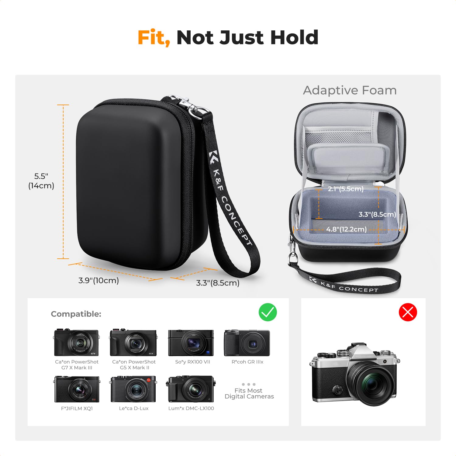 K&F CONCEPT Custodia per Fotocamera Digitale, Borsa Rigida da Viaggio in EVA, Custodia Protettiva Antiurto Compatibile con Sony ZV-1 / Ricoh GR III/Canon G7 X, Nero, M - 5