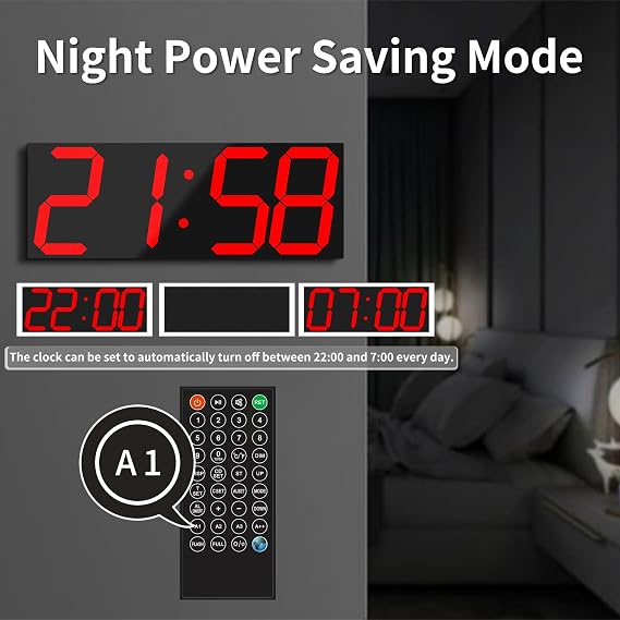 CHKOSDA 18.7'' Automic Digital Wall Clock, LED Wall Clock with Large Display, Multi-Function Clock with Alarm and Timer, Auto Time Sync Digital Clock with Adjustable Brigthness(Red)
