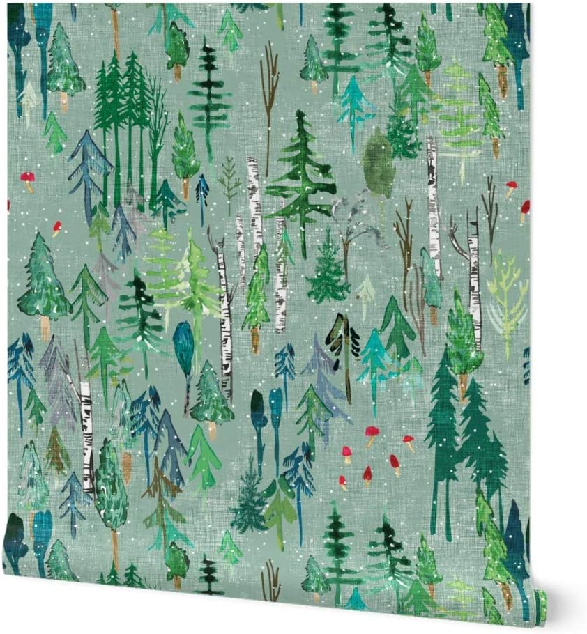 Peel & Stick Wallpaper 6ft x 2ft - Forest Sage Snow Mushroom Blue Woodland Pine Birch Trees Winter Christmas Custom Removable Wallpaper by Spoonflower