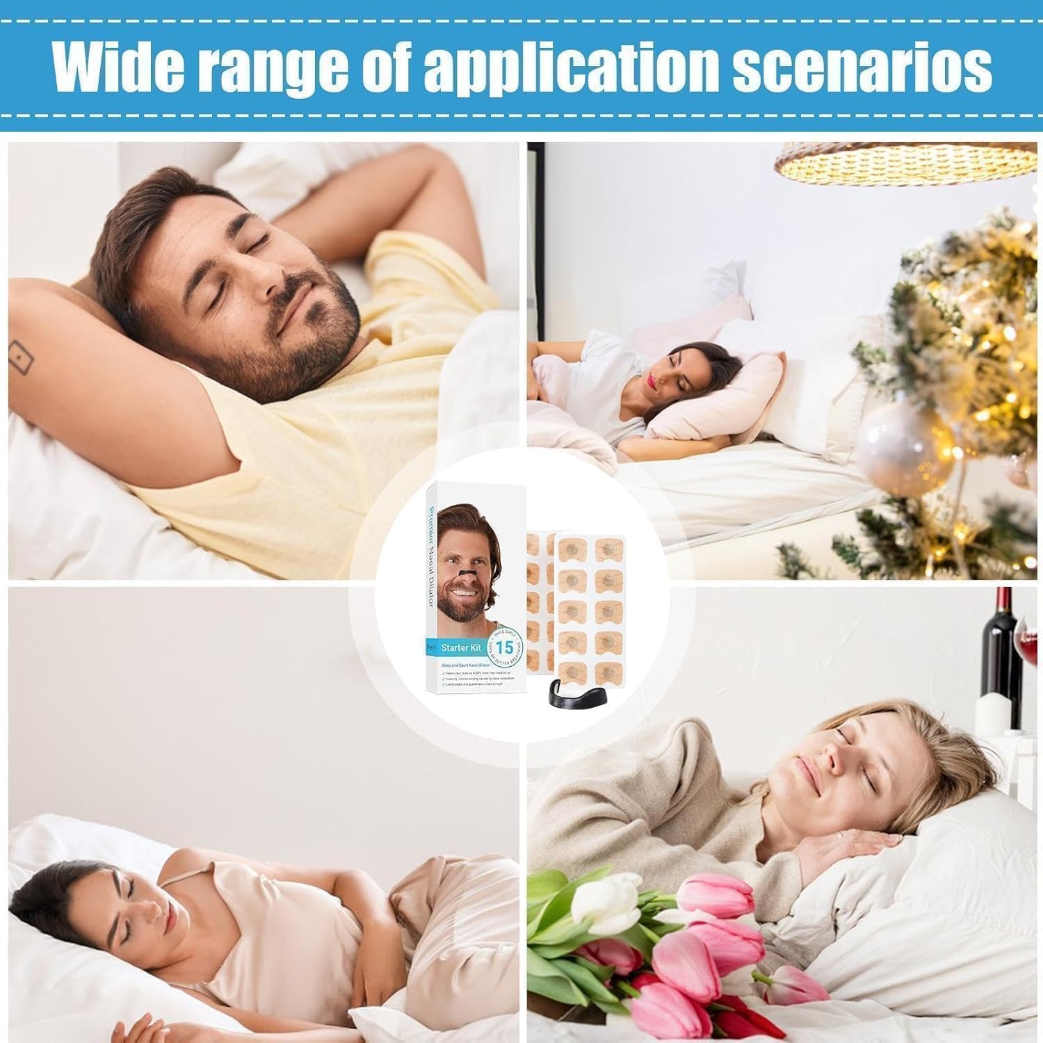 Nikrim™Breathing Nasal Strip Starter Kit (15 Count, Multi) - Boost Oxygen Intake, Reduce Snoring, Improve Sleep Quality - Sweat Resistant, Skin Safe Nasal Strips - Extra Strength Snoring Solution Sugar Control Acupressure (Sticker - 15) 4