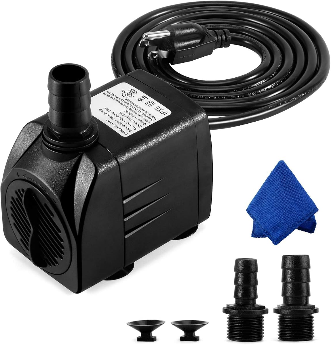 Bomba de fuente CWKJ, sumergible de 400 GPH, bomba de agua duradera de 25 W para exteriores con cable de alimentación de 6.5 pies, 3 boquillas para acuario, estanque, pecera, bomba de agua hidropónica, fuente de patio trasero
