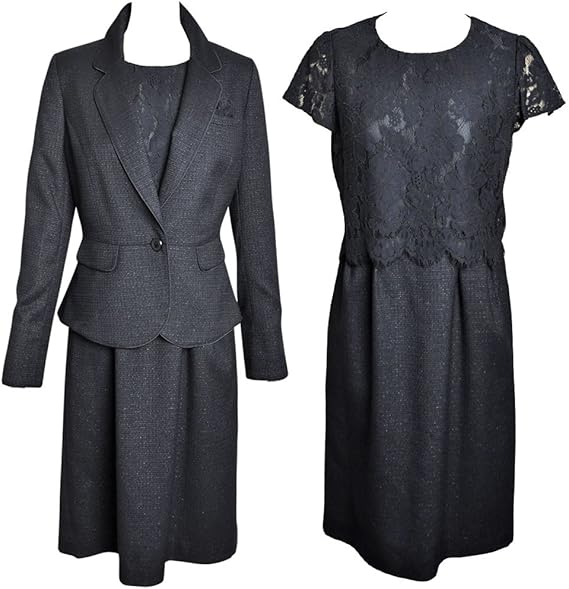 Amazon ノーブランド品 レディース スーツ お膝を覆うひざ丈ワンピーススーツ ネイビー 15号 テーラードジャケット レース地使い異素材コンビワンピース Ex92 ワンピーススーツ 通販