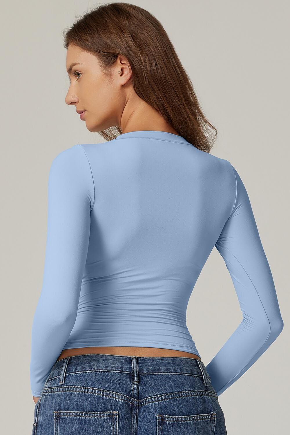 QINSEN Womens Crewneck Long Sleeve Shirt Double Lined Basic Tees Side Ruched Going Out Crop Tops - Image 2