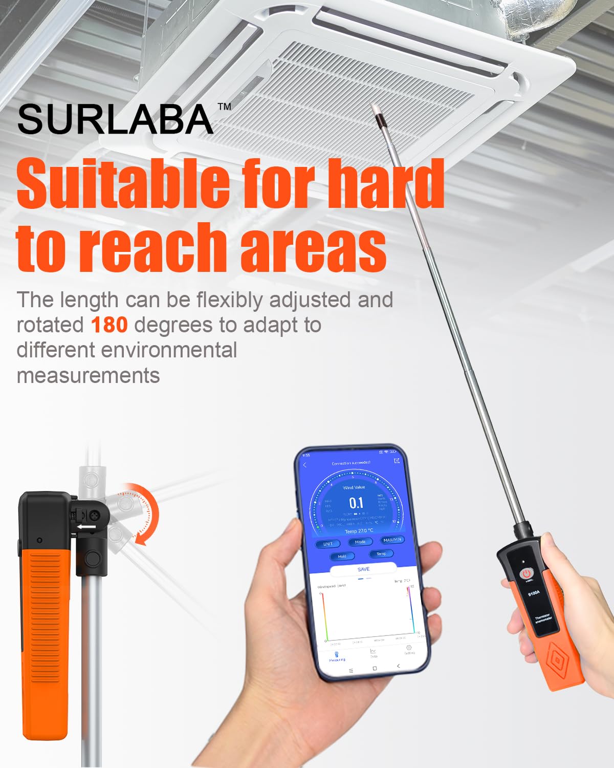 Anemómetro de hilo caliente, XF-9100A Medidor de Velocidad Flujo Aire CFM/CMM con conexión aplicación Bluetooth, Hotwire Anemometer con sonda telescópica, Anemómetro térmico para HVAC, Drones