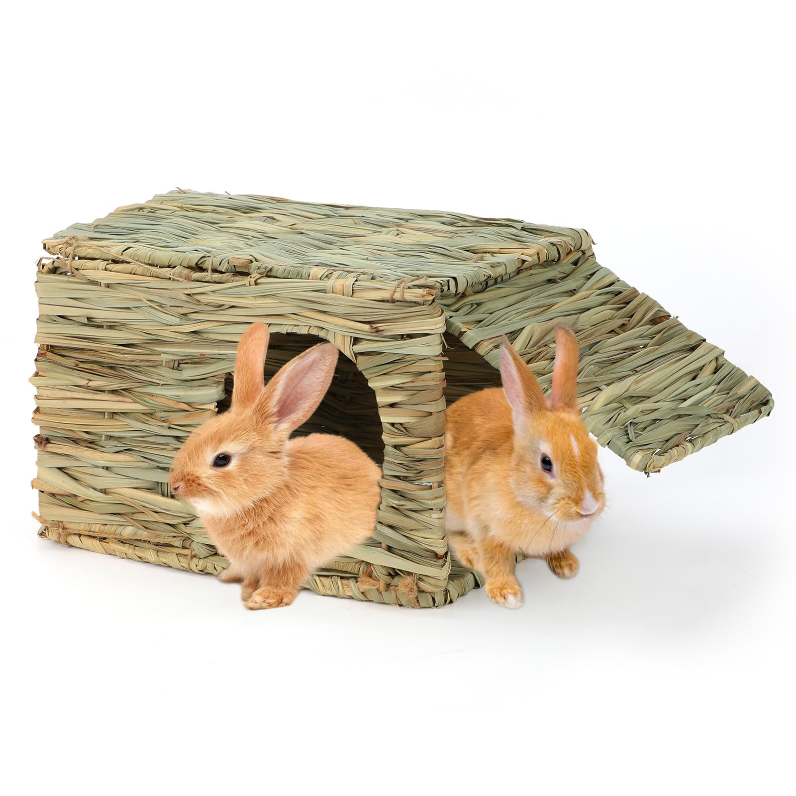 HYLYUN Large Grass House for Bunny, Folding Straw House Hand Woven Straw Hut, Small Animal Hideout Natural Grass Hideaway for Bunny Guinea Pig Chinchilla Ferret
