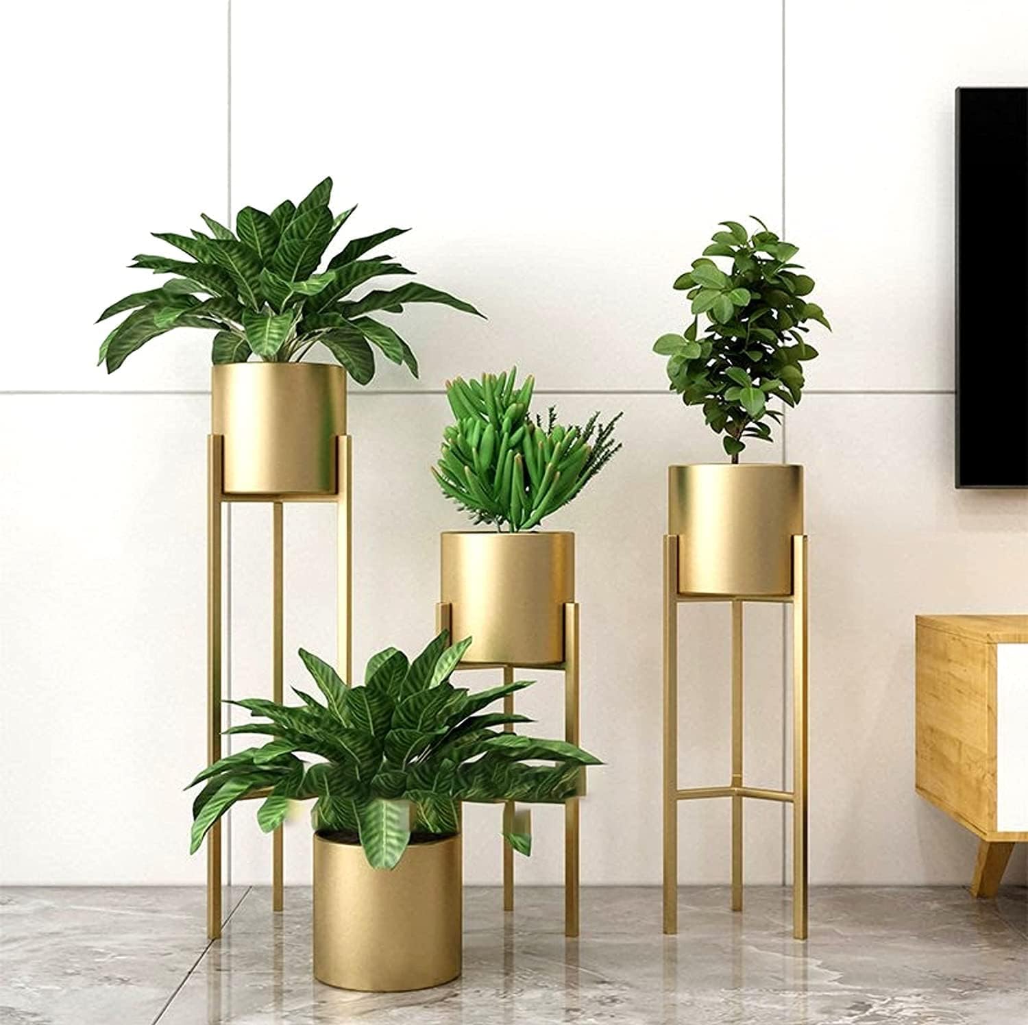 HOME DECO® Modern Metal Floor Flower Stands Planter for Living Room Bedroom Display Plant Stand Tall Indoor Plant Stand with Planter Pot -Set of 3 gold with gamla printed pots