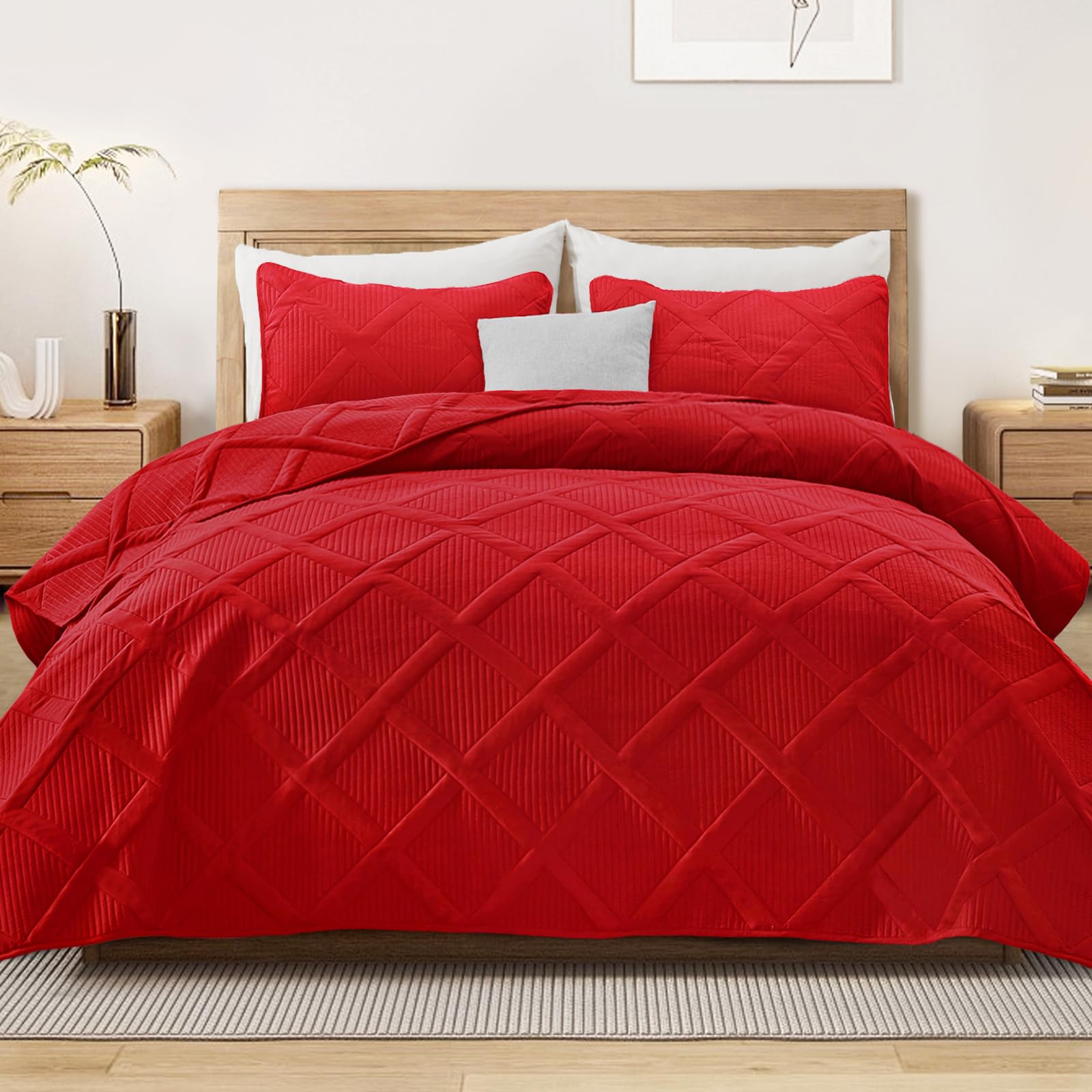 Exclusivo Mezcla Twin Size Quilt Set - Red Quilts Bedding Set with 2 Pillow Shams, Modern Bedspread with Striped Pattern, Soft Lightweight Bedspreads